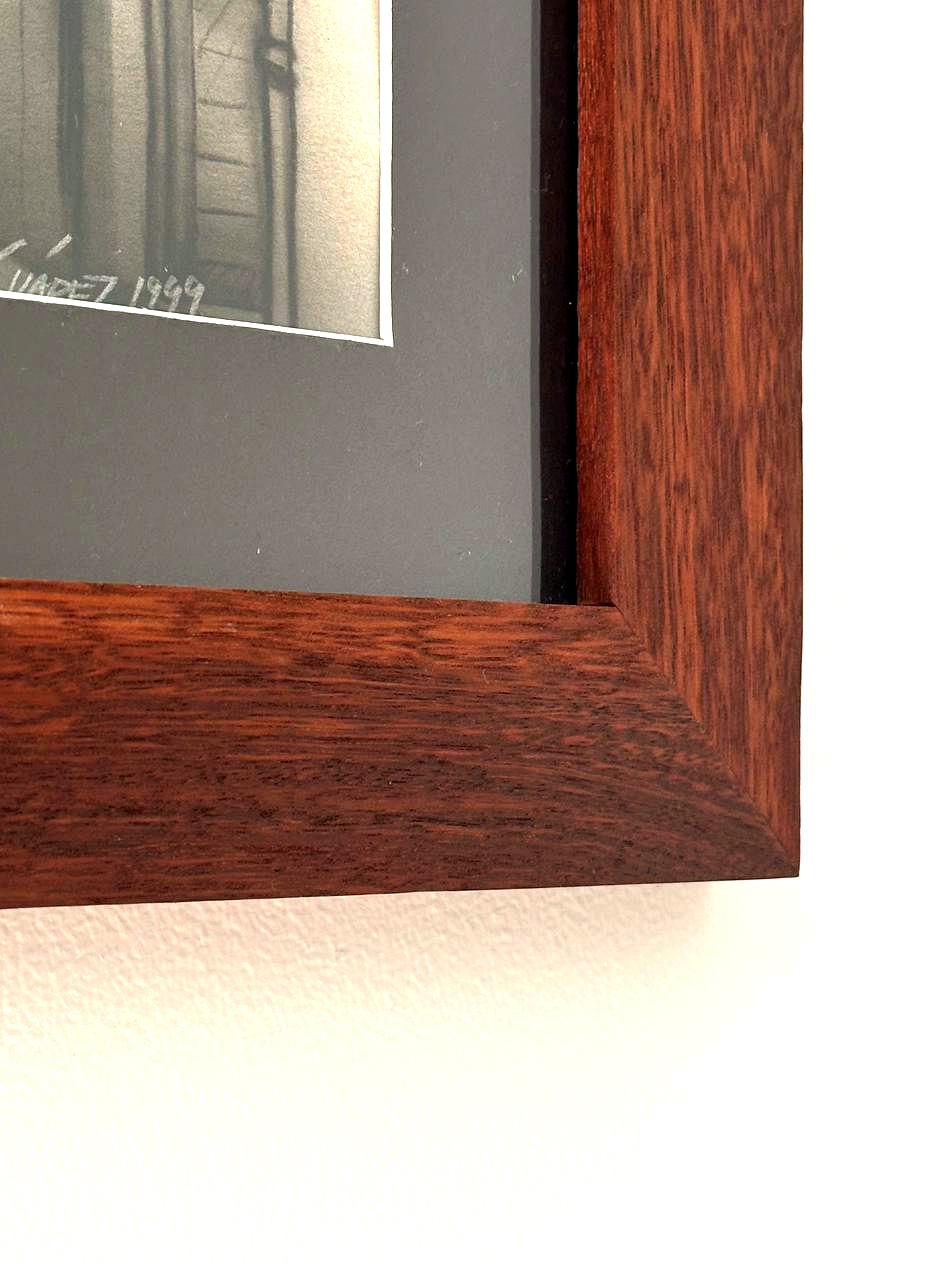Jarrah frame corner mitre join — close up