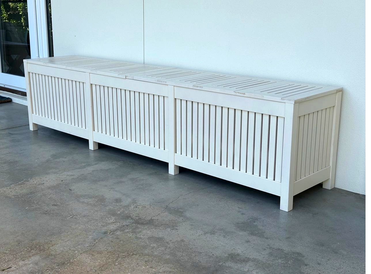 White painted outdoor storage bench, closed