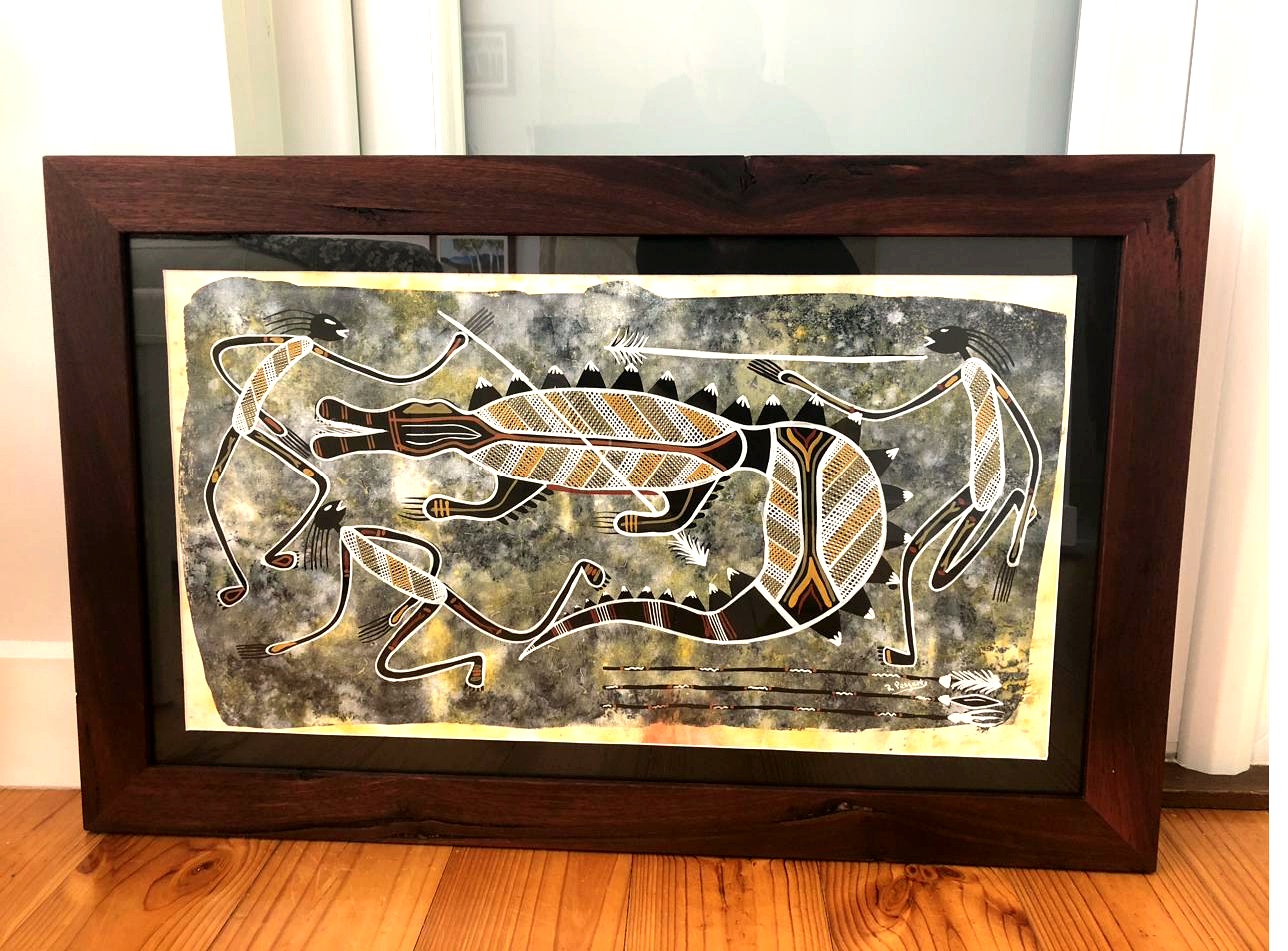 Large dark jarrah frame — Indigenous hunting artwork